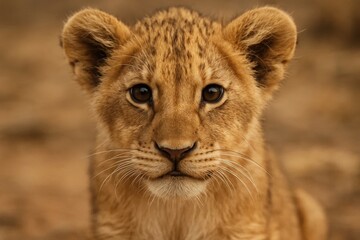 Obraz premium A young lion cub with big eyes stares at the camera in a close-up shot