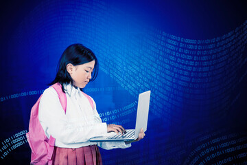 Asian Schoolgirl Using Laptop in Digital Binary Code Background for Online Learning