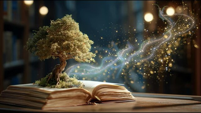 The concept of education by planting a tree of knowledge in the opening of an old book in the library and the magical magic of light that flies to the destination of success. Beautiful background