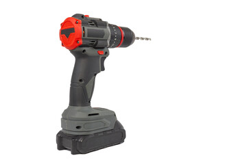 A cordless drill stands upright against a plain white background, showcasing its gray and black body, red accents, and a metal drill bit inserted into the chuck.