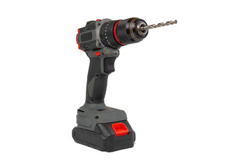 A cordless drill stands upright against a plain white background, showcasing its gray and black body, red accents, and a metal drill bit inserted into the chuck.