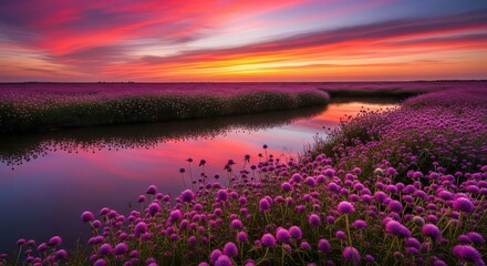 Tranquil landscape featuring a vast field of vibrant pink globe amaranth flowers and a stream reflecting the dramatic sunset sky, creating a serene and idyllic nature scene.