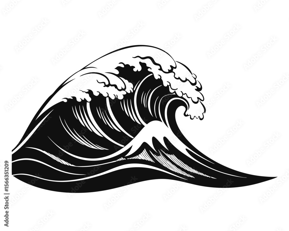 Poster dynamic japanese ocean wave cresting with a powerful swell presented as a striking silhouette design
