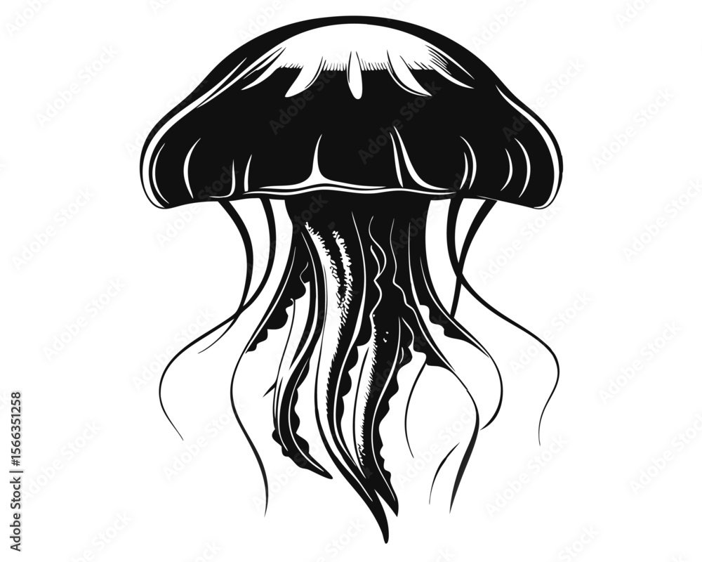Poster mesmerizing marine creature with flowing tentacles presented as a solitary graphic element against a