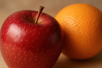 A ripe red apple with a golden stem stands alongside a fresh orange, their smooth textures and vivid hues creating a still life tableau