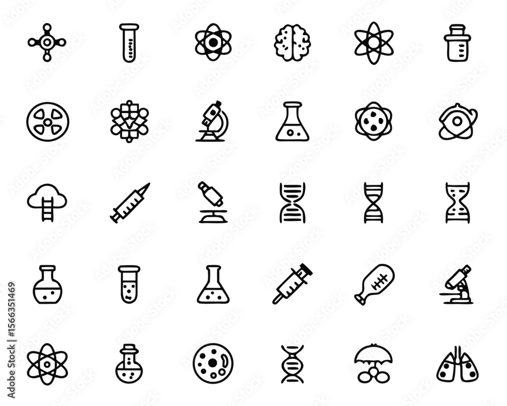 Poster comprehensive collection of scientific laboratory symbols and research experiment graphics featuring