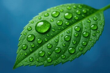 A Leaf Adorned with Raindrops on a Blue Backdrop