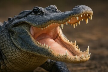 Fototapeta premium A close-up of a crocodile's open mouth, revealing its formidable teeth and intense gaze