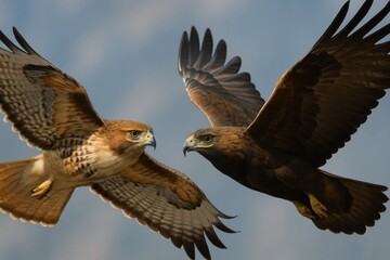 Fototapeta premium Two majestic hawks soar through the clear blue sky, their wings spread wide as they face each other in a silent conversation of power and freedom