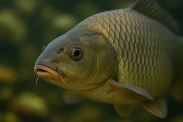 A close-up of a carp fish in its natural habitat, showcasing its distinctive scales and gentle eyes