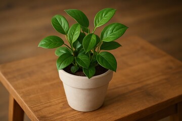 Obraz premium A lush green houseplant thrives in a simple white pot on a wooden table, embodying tranquility and natural beauty
