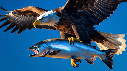 Obraz premium Bald eagle catching salmon bird of prey in flight with fish predator wildlife