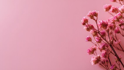 Delicate pink dried flowers on pastel pink background with copy space