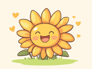 Cute Happy Sunflower Cartoon Character with Hearts and Grass Illustration