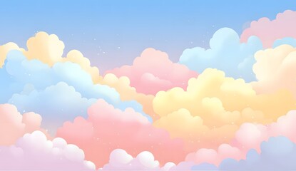 Fototapeta premium Cute pastel cartoon sky with colorful fluffy clouds on gradient blue background