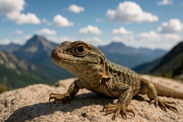 Obraz premium A solitary lizard surveys its mountainous domain under a vast blue sky