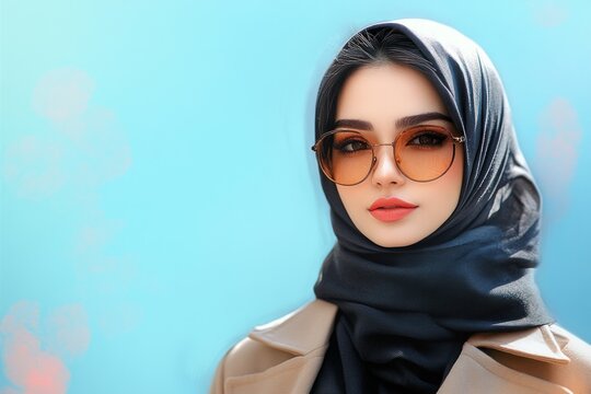 Fashionable young muslim woman wearing hijab and sunglasses posing on a blue background