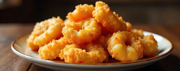 Golden-brown, crispy fried shrimp, piled high on a plate, glistening with oil A classic Southern comfort food, perfect for a casual meal or appetizer , greasy, crustacean