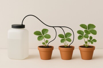 Modern drip irrigation setup watering young strawberry plants in terracotta pots against a beige background.