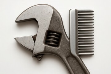 A wrench and comb symbolizing the blend of mechanical expertise and personal grooming