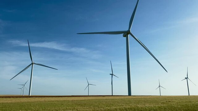 Wind turbine windmills spinning over green farm fields generating electricty