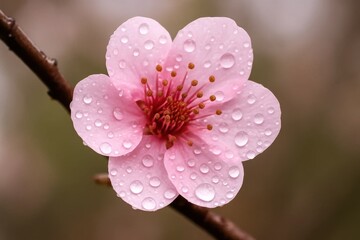 Fototapeta premium A single pink flower with water droplets glistening on its petals, set against a softly blurred backdrop