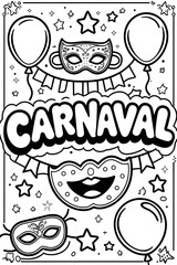 AI Generative. Carnaval Themed Coloring Page with Masks, Balloons, and Banners. 1