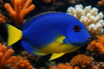Naklejka premium A vibrant blue tang fish with yellow accents gracefully swims amongst a coral reef, embodying the beauty of marine life