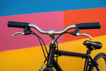 A solitary bicycle stands against a vibrant backdrop of colorful stripes, its handlebars gleaming in the sunlight