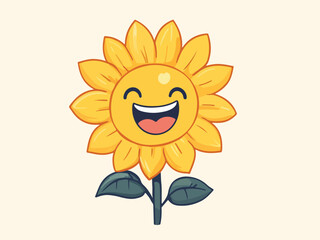 Cheerful Cartoon Sunflower with Smiling Face and Petals on Beige Background