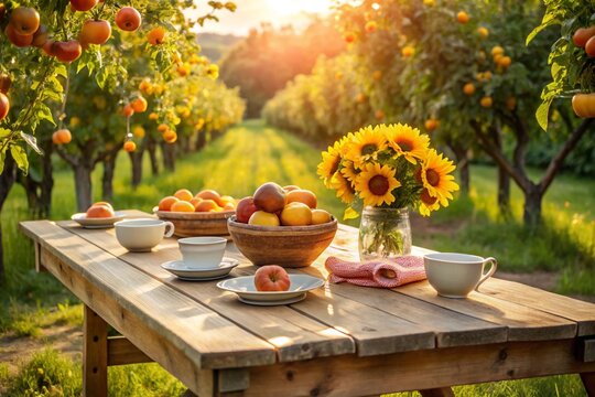 A wooden table with bowls of apples, sunflowers in a vase, and teacups sits in a sunny orchard