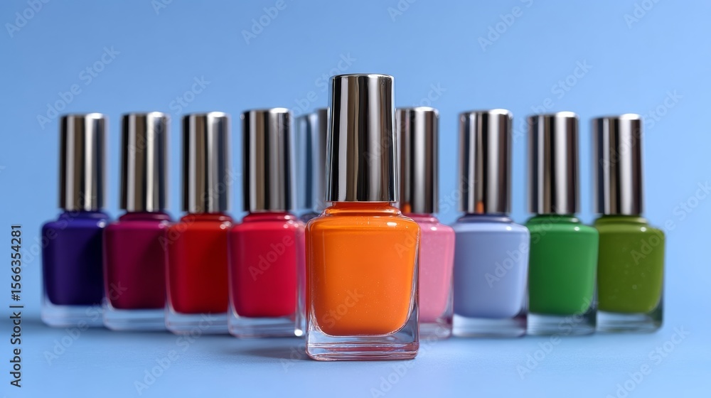 Aufkleber row of nail polish bottles with a clear bottle in the middle. the bottles are of different colors an