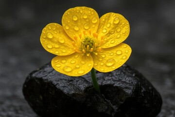 A Lone Yellow Flower Blooms on a Textured Black Rock
