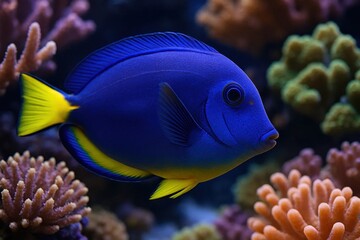 Obraz premium A vibrant blue tangfish glides gracefully through a coral reef, its striking yellow fins and vivid eyes drawing attention amidst the colorful underwater world