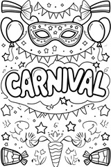 AI Generative. Carnaval Themed Coloring Page with Masks, Balloons, and Banners. 6