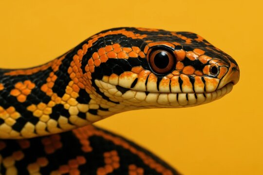 A striking close-up of a vibrant orange and black striped snake against a vivid yellow backdrop