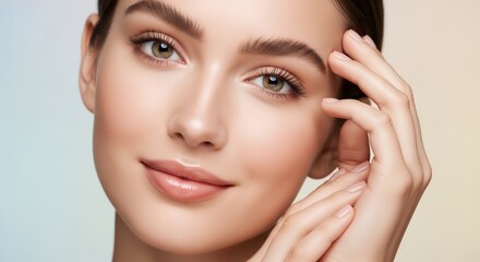Healthy radiant skin close up portrait of a beautiful young woman with natural glowing complexion flawless face perfect smooth skin youthful glow beauty and skincare concept