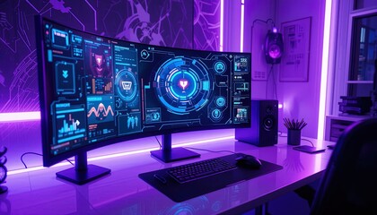 A modern workspace with a curved monitor and vibrant lighting.
