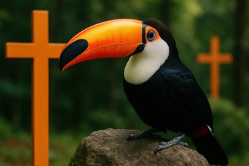 Fototapeta premium A vibrant toucan perches on a rock, its striking orange beak contrasting with its black and white plumage against a backdrop of lush greenery and orange crosses