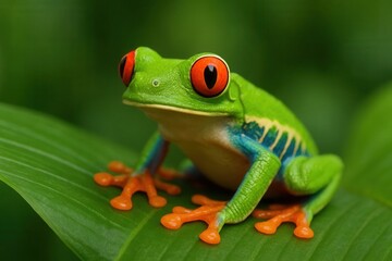 A vibrant green frog with striking red eyes sits atop a lush green leaf, embodying the essence of tropical biodiversity