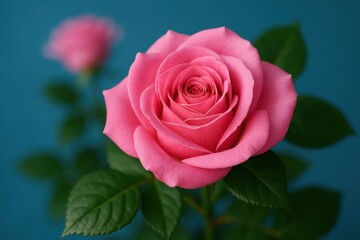 A single pink rose blooms against a serene blue backdrop, symbolizing love and beauty in nature