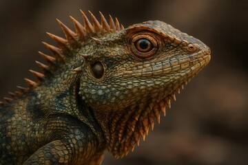 Fototapeta premium A close-up portrait of a reptile with a striking pattern of brown scales and sharp spines, set against a blurred backdrop