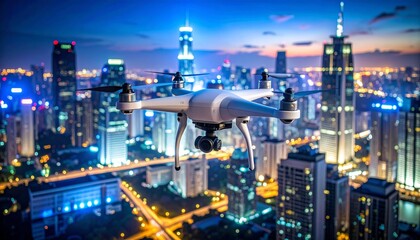 Fototapeta premium A drone soars above a modern city at dusk, capturing a unique perspective of the urban landscape