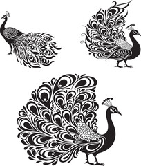 Elegant Ornamental Peacock Silhouettes – Black and White Decorative Bird Line Art Set, Intricate Feather Design, Indian Style Animal Clipart for Craft & Decor