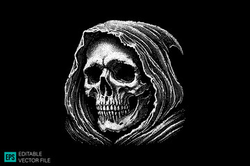 grim reaper head skull dark art scary creepy style tattoo illustration vector black and white background templates