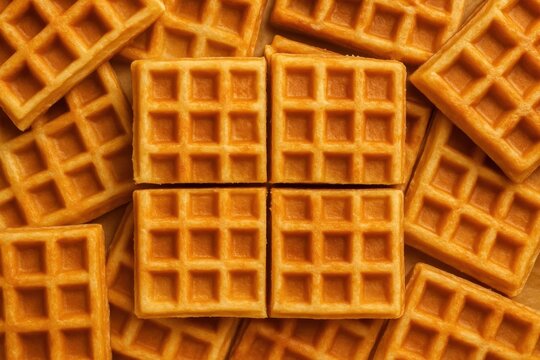 A close-up of golden waffle squares, showcasing their crispy texture and perfect grid pattern