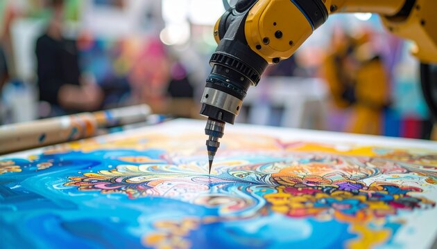 Robotic arm creating artwork, with a focus on the details of its precision
