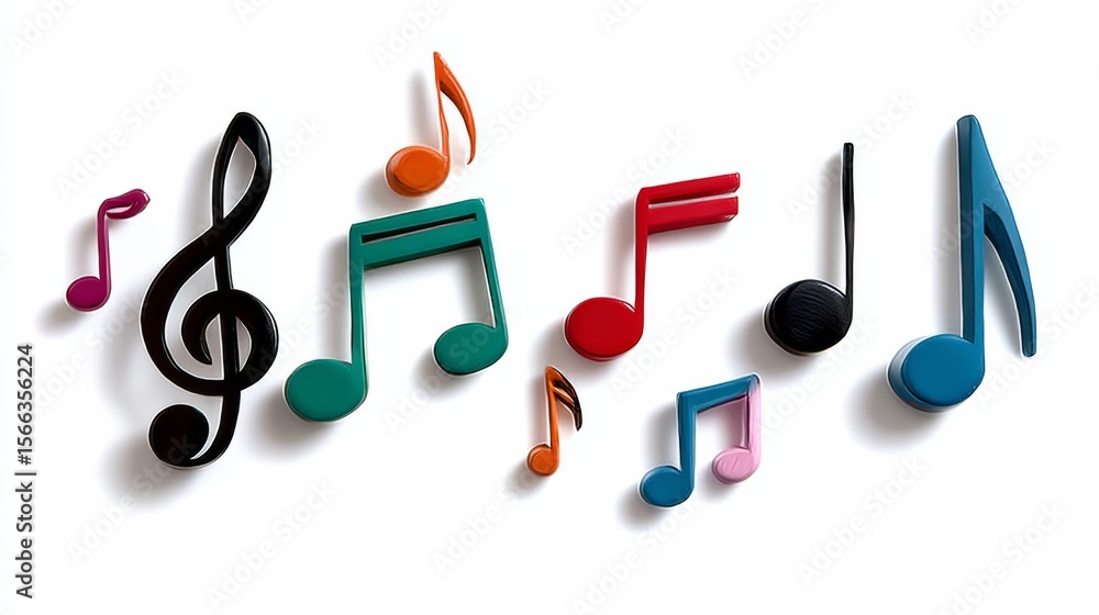 Poster colorful collection of musical notes are arranged in a row. the notes are of different colors and si