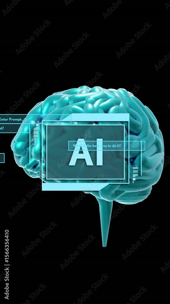 Poster animation of human brain and ai data processing over black background