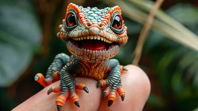 Colorful frog perched on finger showcases intricate details in vibrant rainforest setting
